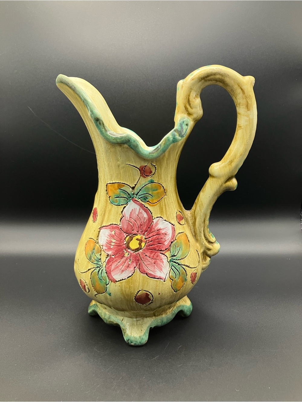 Hand-Painted Italian Floral Ceramic Pitcher Vase in Yellow and Pink